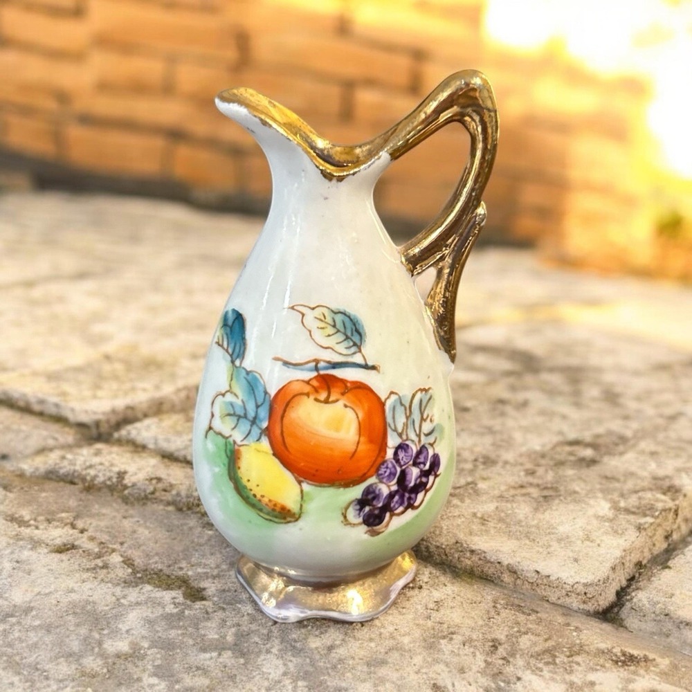 VINTAGE Ucagco Japan Miniature Ceramic Pitcher Figurine Fruit Floral Gold Gilt